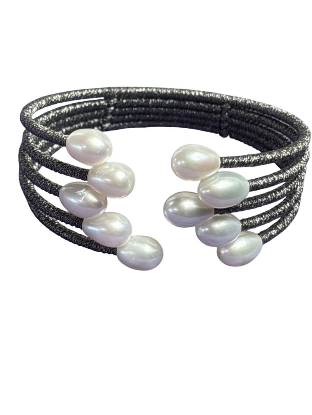 Gunmetal Thread Wrapped Plastic Faux Pearl Cuff Bracelet 7 inches